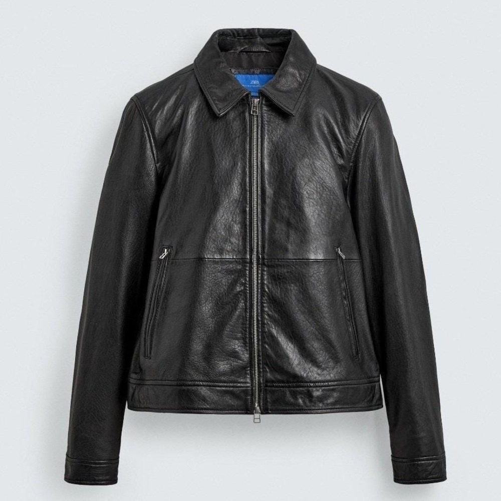 Aaron Levine ZARA 100% Leather Jacket Men XL/L Black Full Zip Harrington Bomber